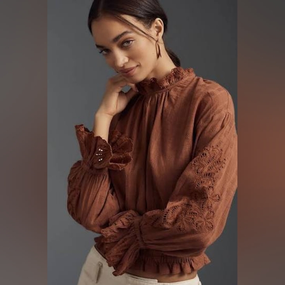 Anthropologie Pilcro Long-Sleeve Ruffled Bubble Blouse Brown Large - Picture 1 of 9